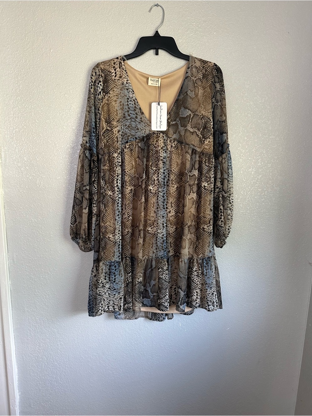 NWT Peach Love California Snakeskin Printed Long Sleeve Mini Dress